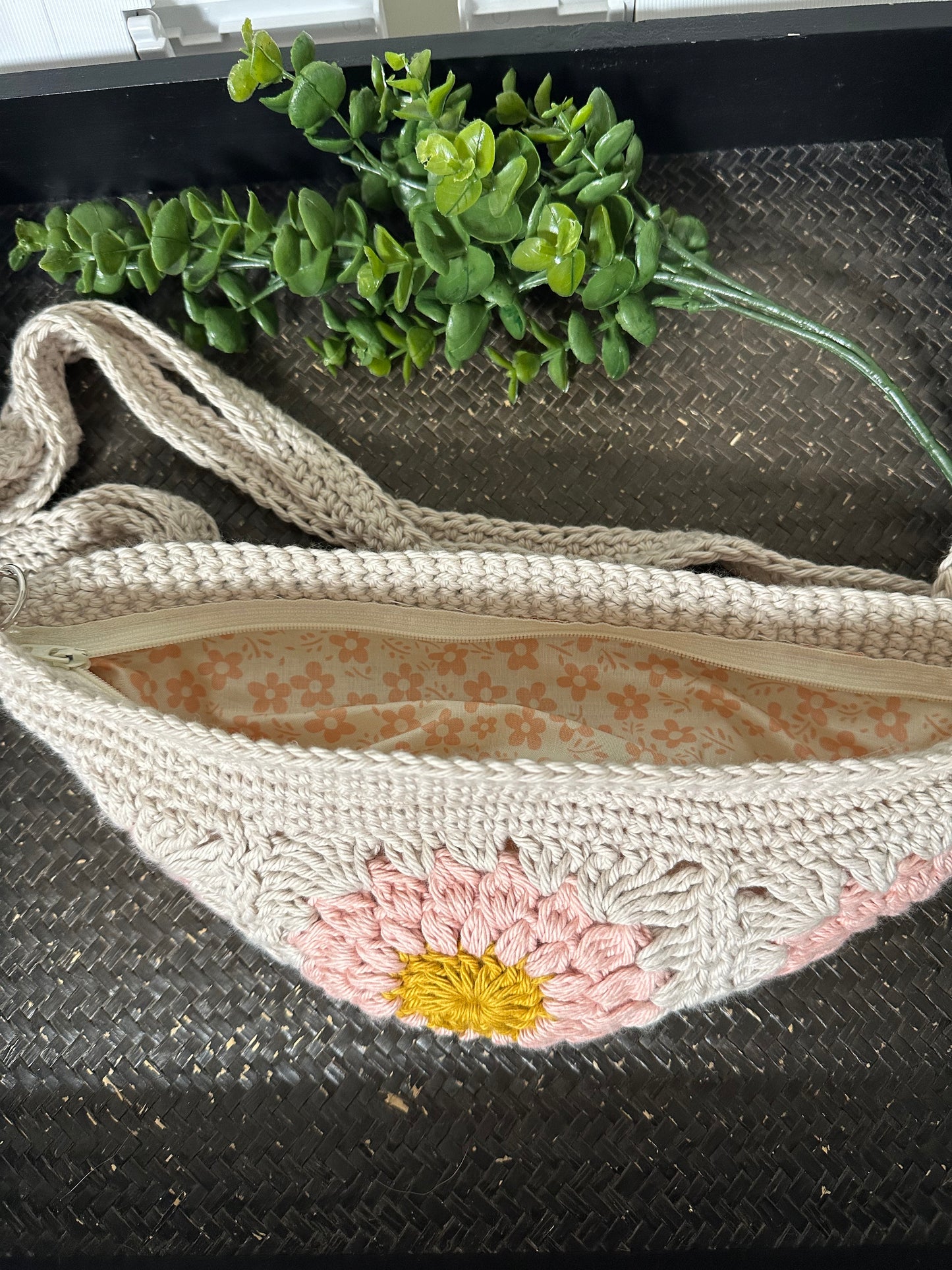 Linen & Pink Sunflower Crossbody Bag