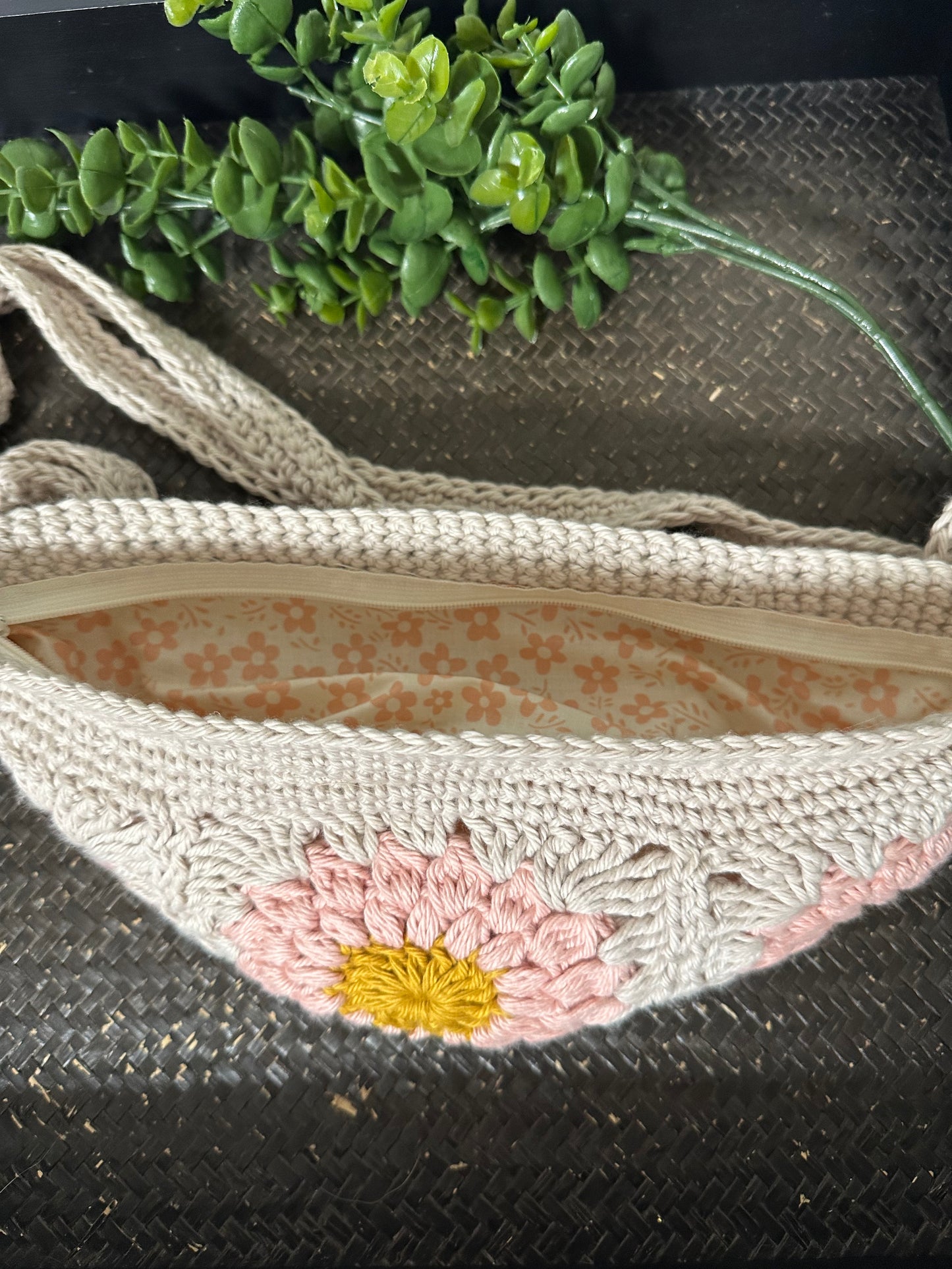 Linen & Pink Sunflower Crossbody Bag