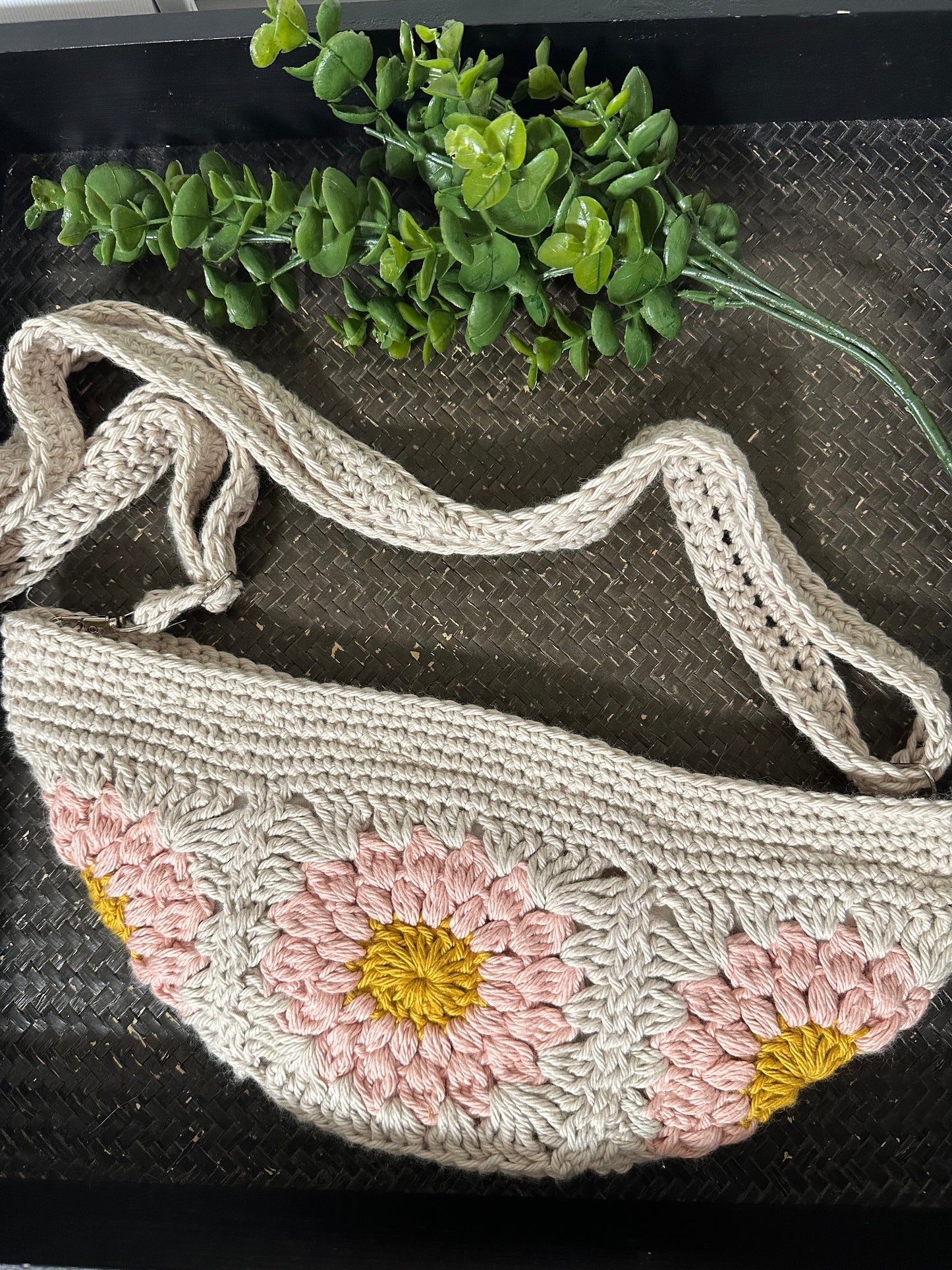 Linen & Pink Sunflower Crossbody Bag