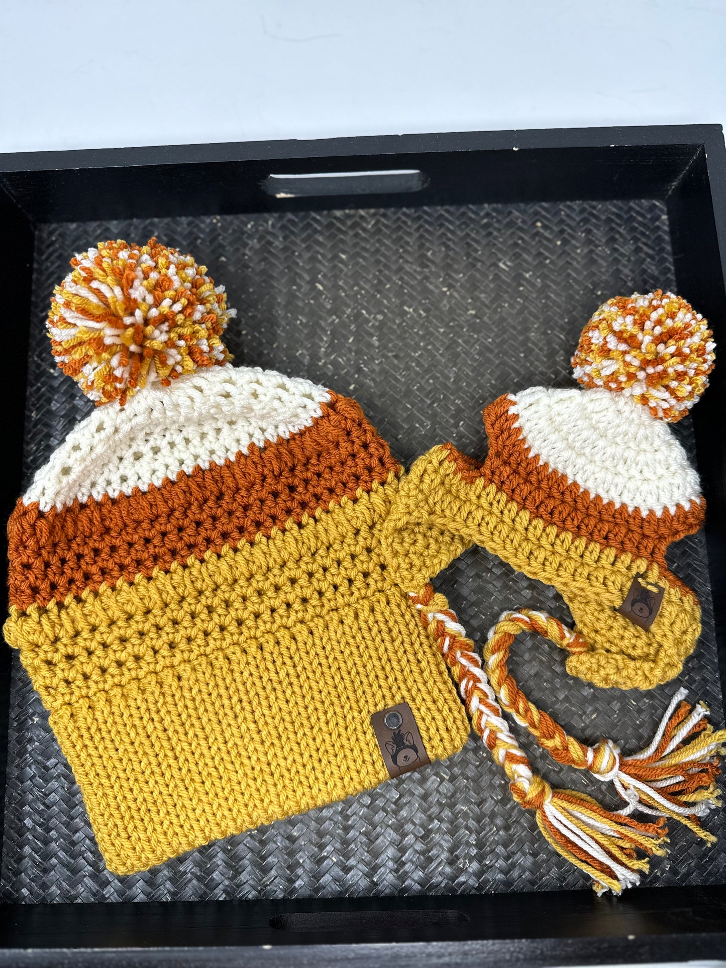 Candy Corn Mommy & Pupper Beanie Set