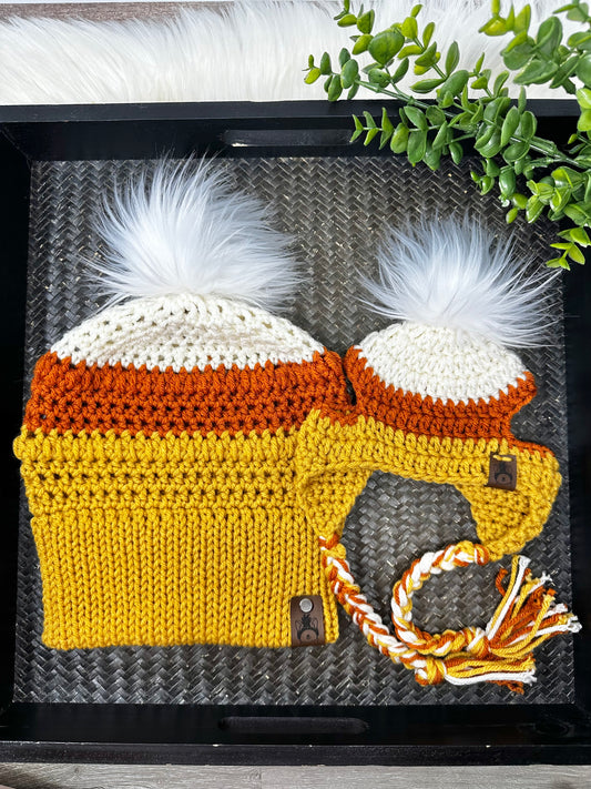 Ensemble bonnet maman et chiot Candy Corn